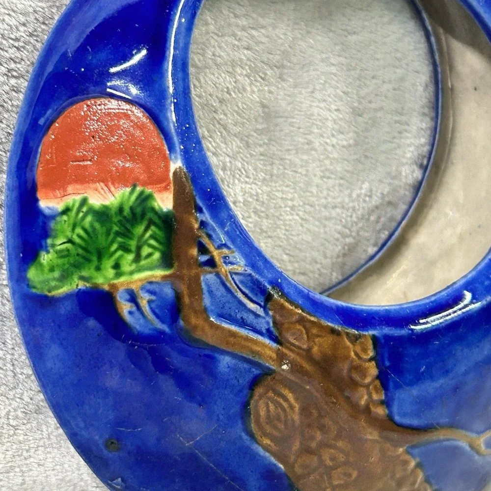 Vintage Japanese Banko Ware‎ Moon Vase Hanging Planter Crane Tree Motif
